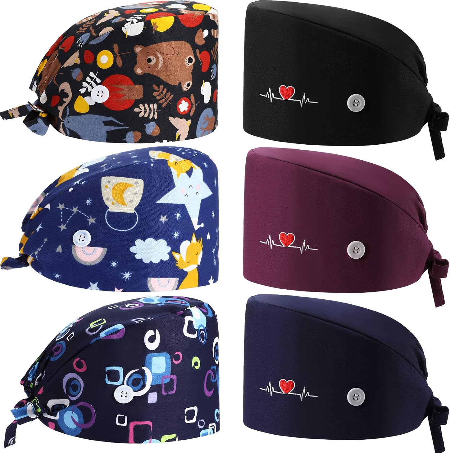 Geyoga 6 Pieces Adjustable Working Caps with Button Gourd Tie Back Bouffant Hats Sweatband Caps Breathable Hair Cover for Women Men