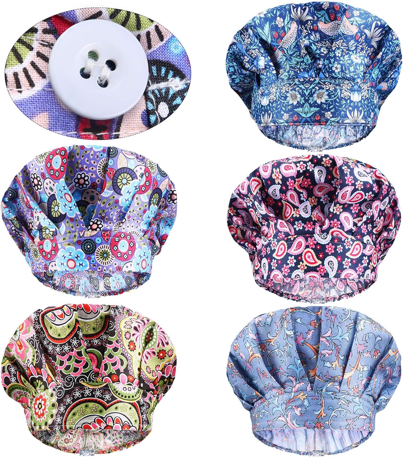 Geyoga 5 Pieces Adjustable Bouffant Caps with Buttons Printed Tie Back Hats with Sweatband Hat for Women Men, 5 Styles