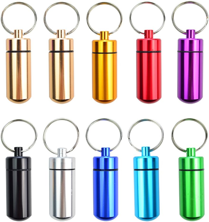 10 Pcs Portable Pill Case, Bantoye Waterproof Aluminum Pill Holders Storage Drug Container with Keychain for Outdoor Camping Traveling, Multicolor