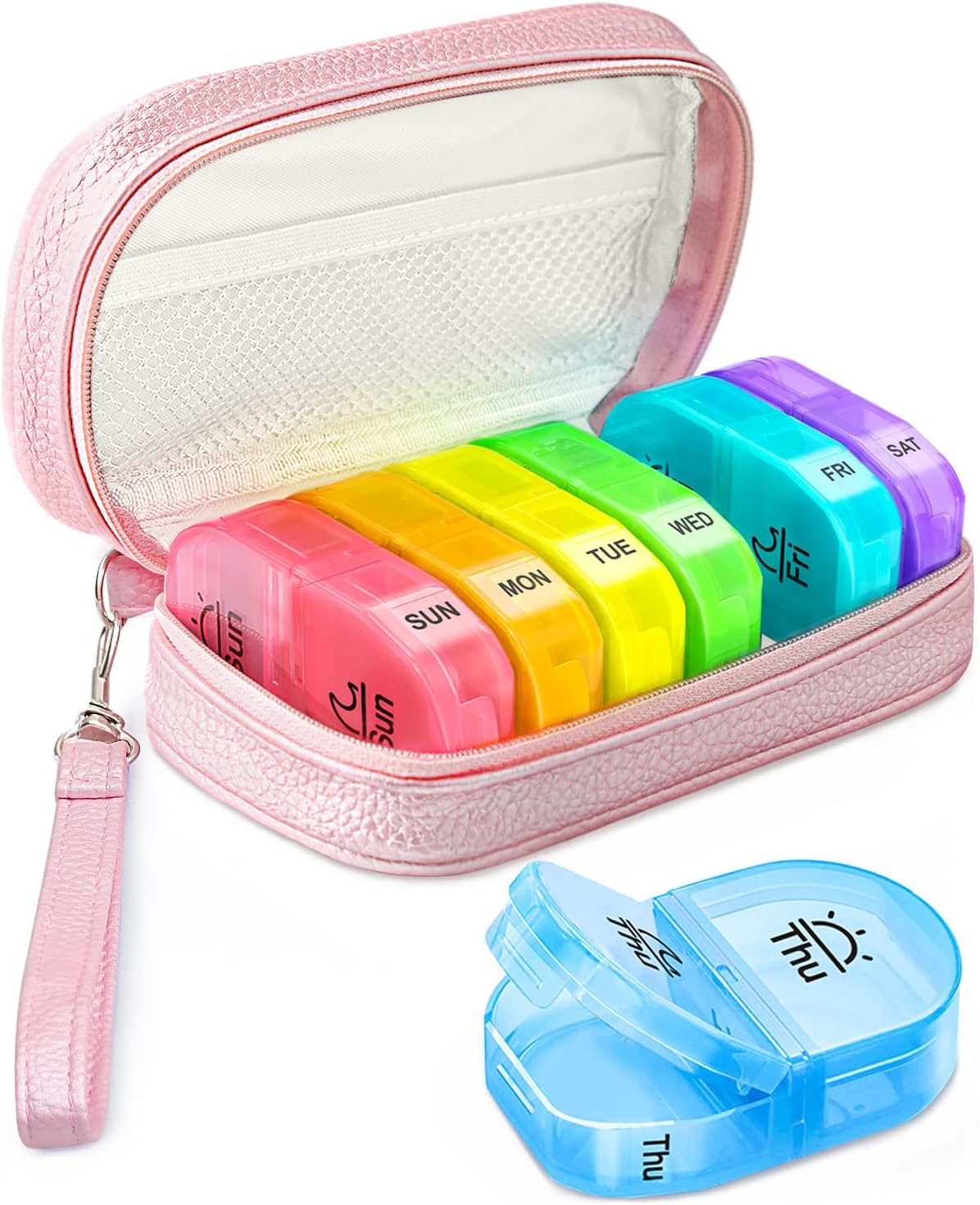 Cute Pill Organizer 2 Times a Day, PU Leather Pill Case for Women, Portable Weekly Pill Box for Purse with Storage Bag to Hold Vitamins/Medications/Fish Oils/Supplements, Pink