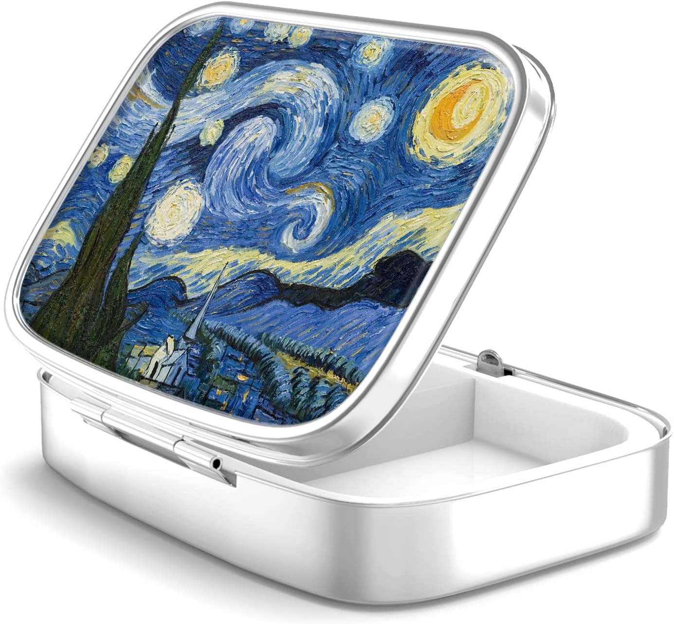 Pill Box 2 Compartment Medicine Pill Case,Portable Pill Box for Pocket or Purse Pill Box Decorative Metal Medicine Vitamin Organizer Unique Gift(Van Gogh Starry Night)