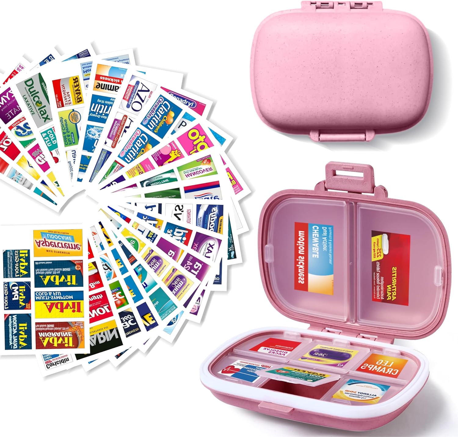 DIY Pocket Pharmacy with Medicine Labels Travel Daily Pill Container Mini Medication Organizer Storage Pill Organizer Travel Essentials Pill Case 7 Day Pill Organizer (Pink)