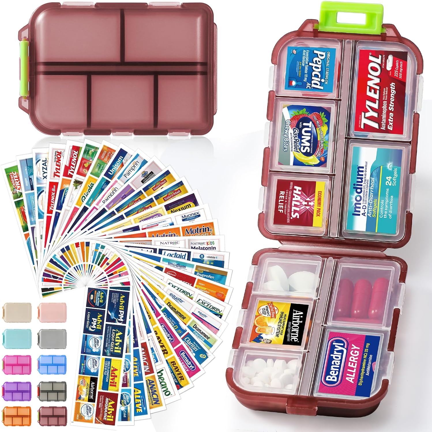 Travel Pill Organizer Box w/ 300 Brand Labels & 28 White Labels, 10 Compartments Small Pill Case Medicine Kit, Portable Pocket Purse Pharmacy, Daily Weekly Vitamin Supplement Medication Holder - Brown