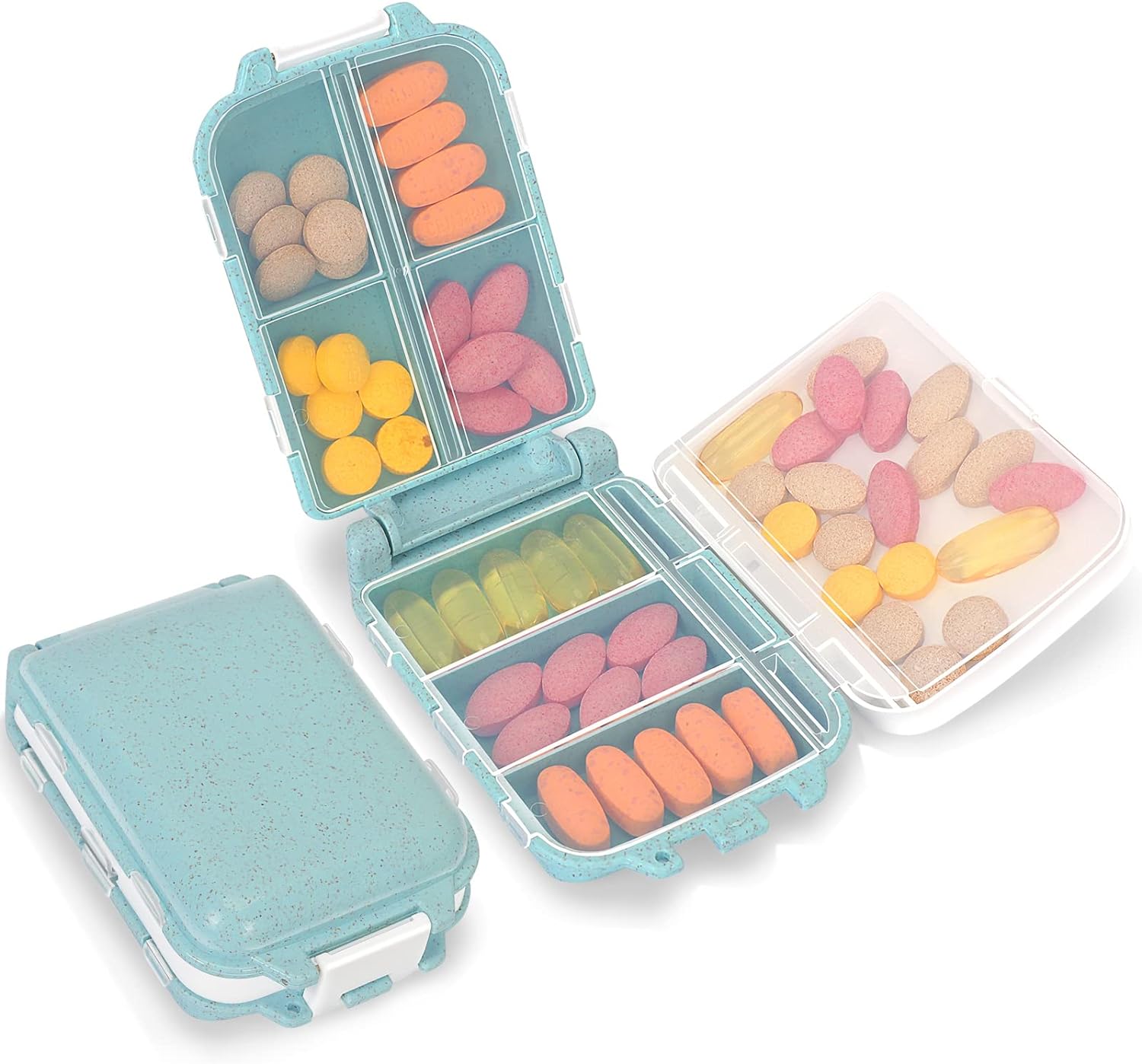 Skycase Pill Organizer, [2 Pack] Pill Cases, [Folding Design] Weekly Pill Case Organizer 7 Day, 8 Compartments Portable Travel Pill Box for Pocket Purse Medicine Vitamin Holder Container,Blue