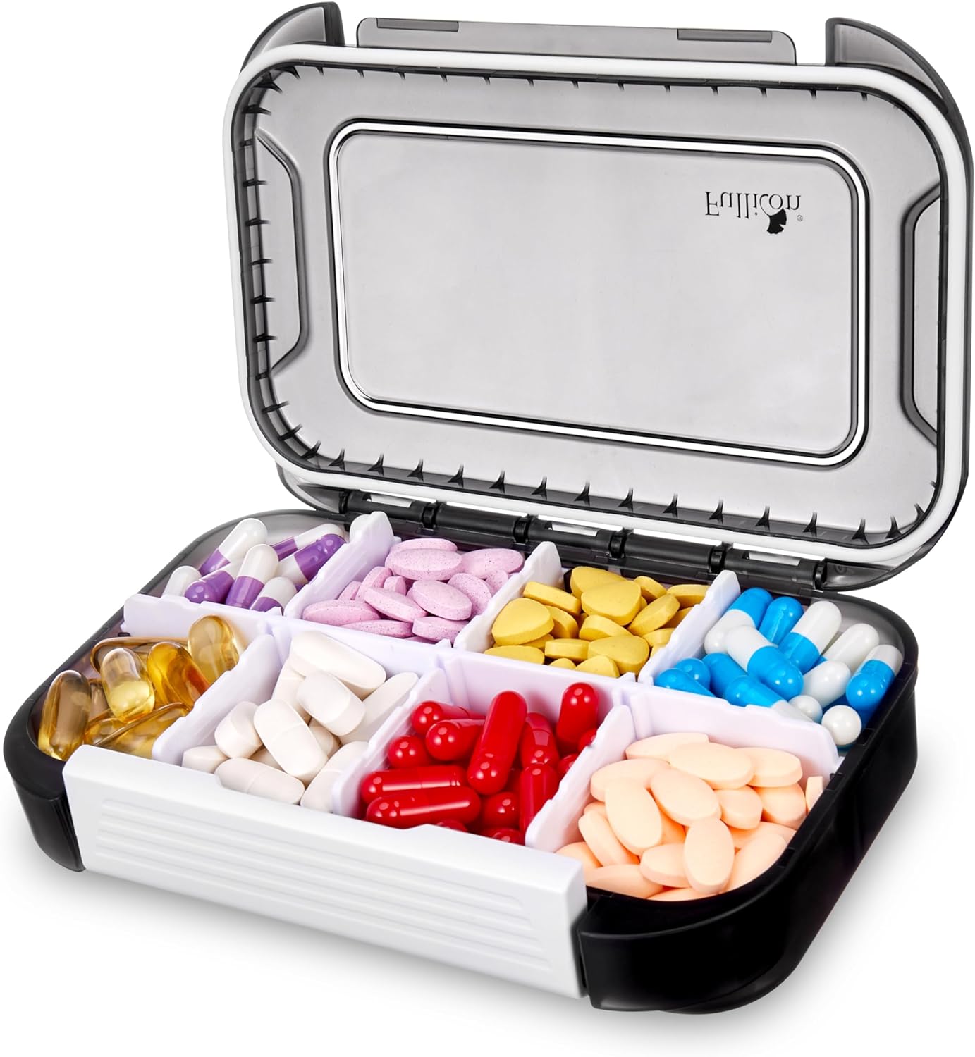 Fullicon Pill Organizer Moisture Proof, Large 8 Compartment Daily Pill Case with Removable Divider, Travel Pill Box with Label, Stackable Pill Container for Vitamin, Fish Oil, Supplement (Black White)