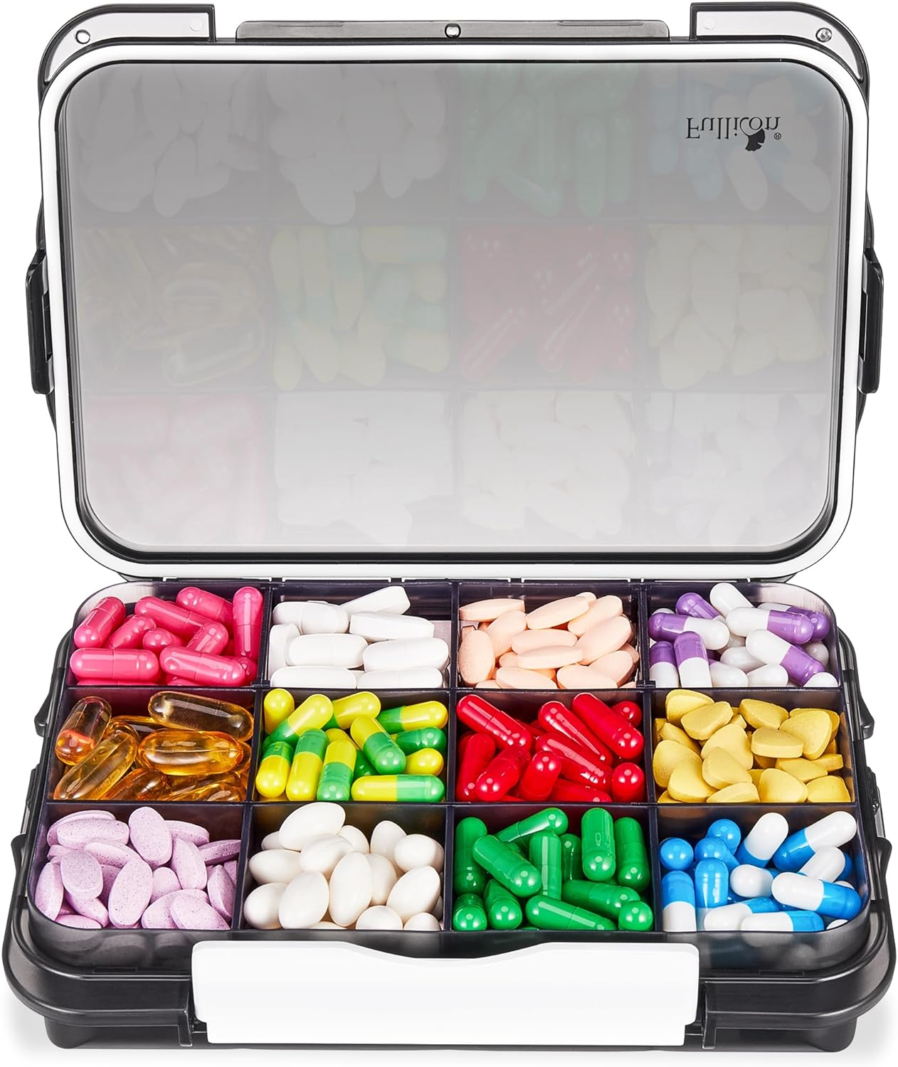 Fullicon Supplement Organizer with 12 Extra Large Compartment, Daily Travel Moisture Proof Pill Case with Removable Dividers, Large Pill Box for Vitamin with 3 Secured Buckles (Black)