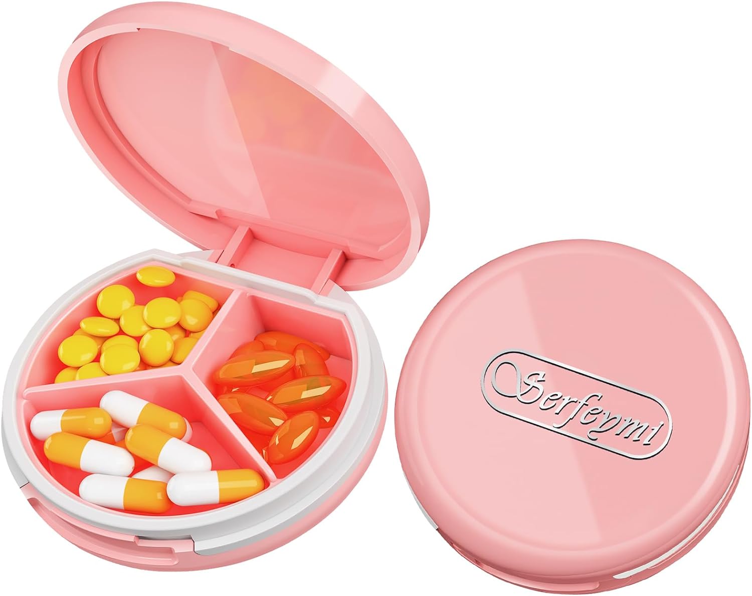 Serfeymi 3 Compartment Waterproof Cute Small Pill Box for Purse & Pocket,Travel Portable and Multifunctional Pill Case Holder for Vitamins, Fish Oil, Supplements, Pearls-Pink