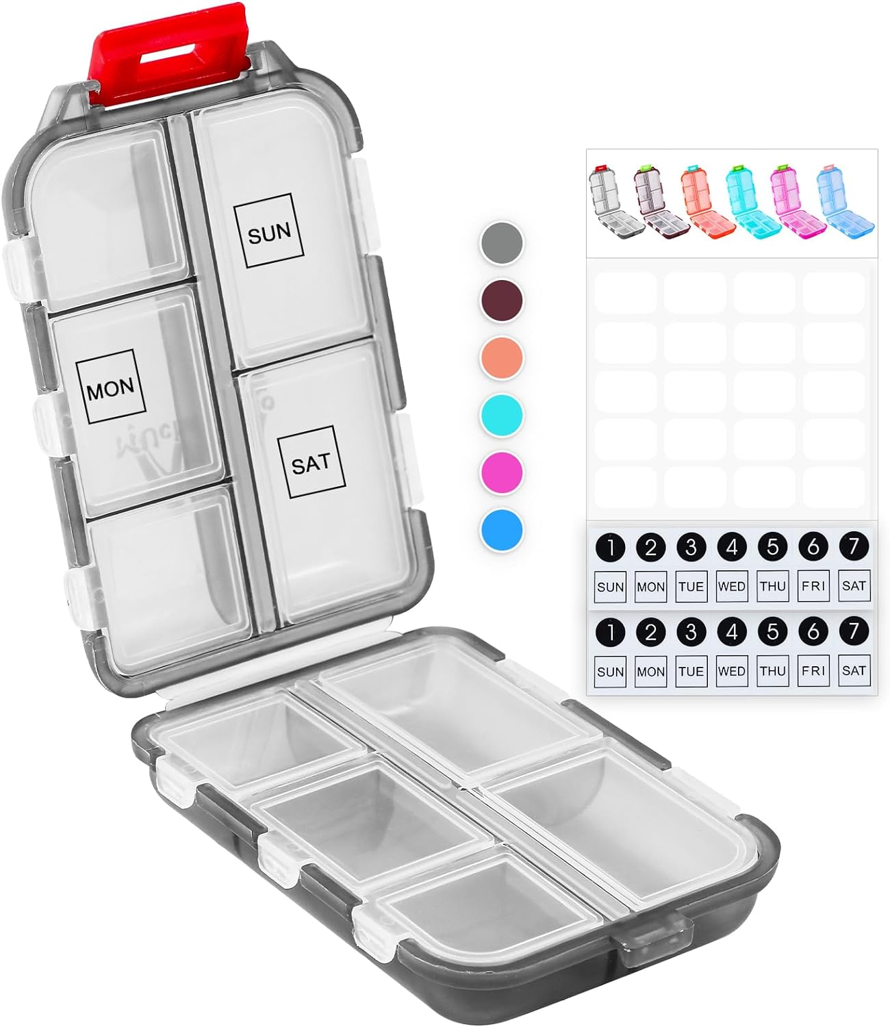 M MUchengbao Travel Pill Organizer Pocket Pharmacy with 3 Types of Labels 10 Compartments Small Fold Pill Box BPA-Free Daily Travel Pill Case Medicine Organizer for Store (Grey)