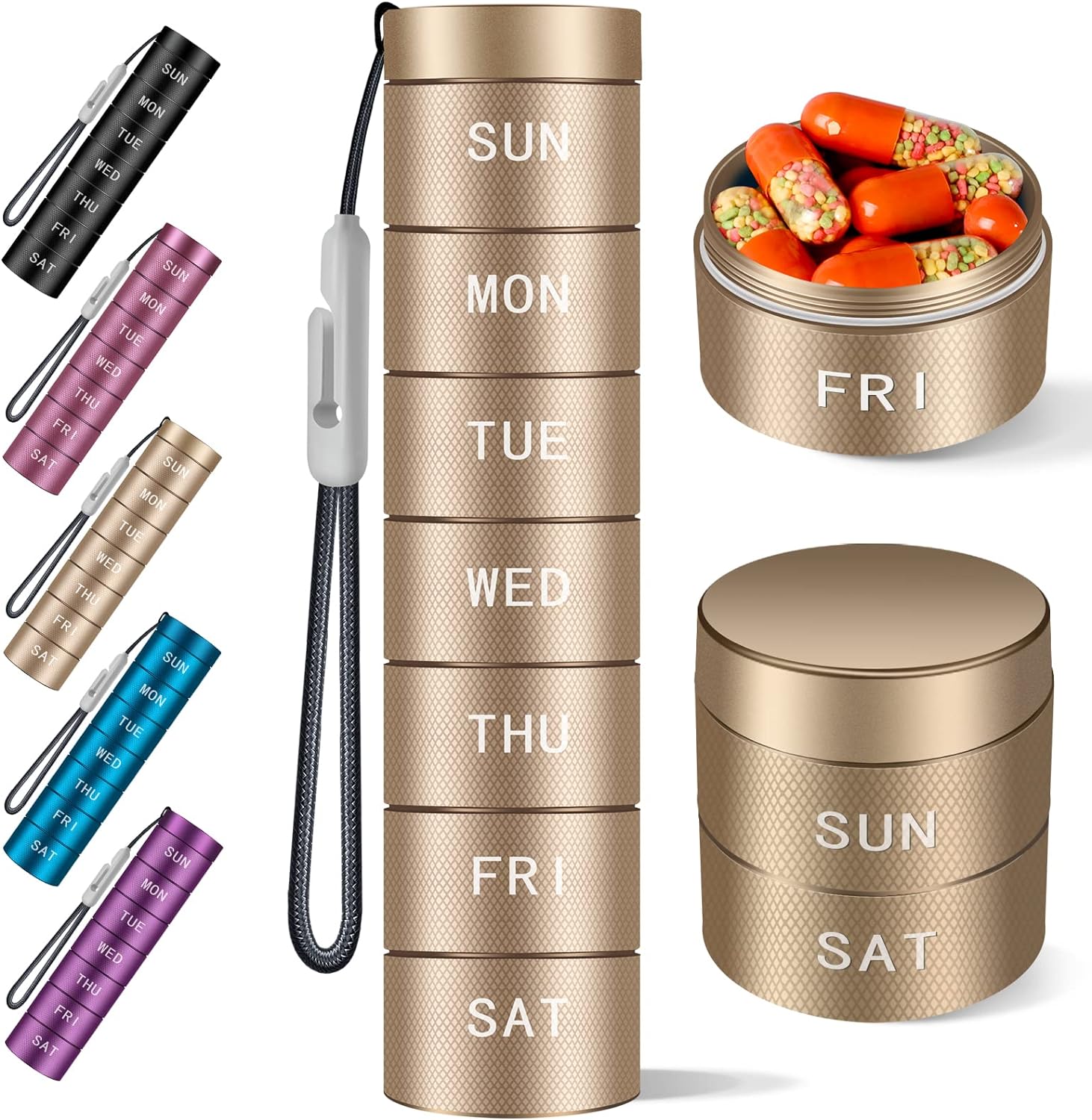 Travel Pill Organizer,Weekly Waterproof Metal Pill Case,Pill Holder, Moisture Proof Daily Pill Box 7 Day,Large Pill Container to Hold Vitamins,Medication, Fish Oil,Supplements Gold Knurling