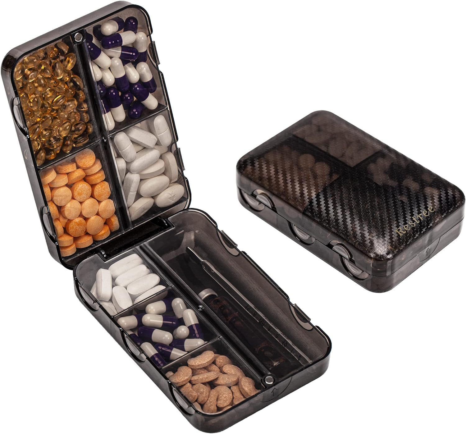 Travel Pill Organizer, Weekly Pill Box, Portable Pill Dispenser, Large Daily Pill Case for Vitamin, Medicine, Fish Oil/Supplements Flip Design 8 Compartments (Black)