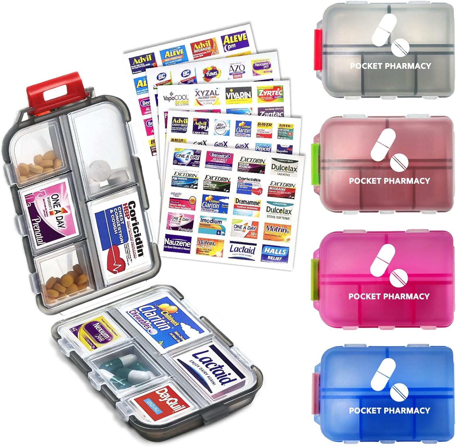 4Packs Pocket Pharmacy with Brand Labels, Portable Travel Med Wallet, Pocket Pill Box Dispenser Suitable for Storing Fish Oil Vitamin Medication, Etc.