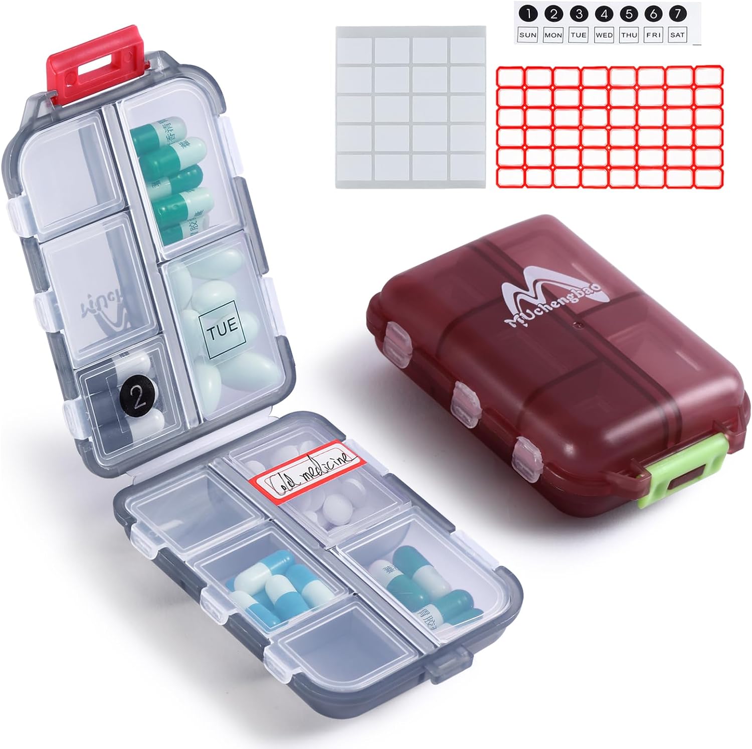 M MUchengbao Travel Pill Organizer Pocket Pharmacy with 3 Types of Labels 10 Compartments Small Fold Pill Box BPA-Free Daily Travel Pill Case Medicine Organizer for Store (Gray  Red)