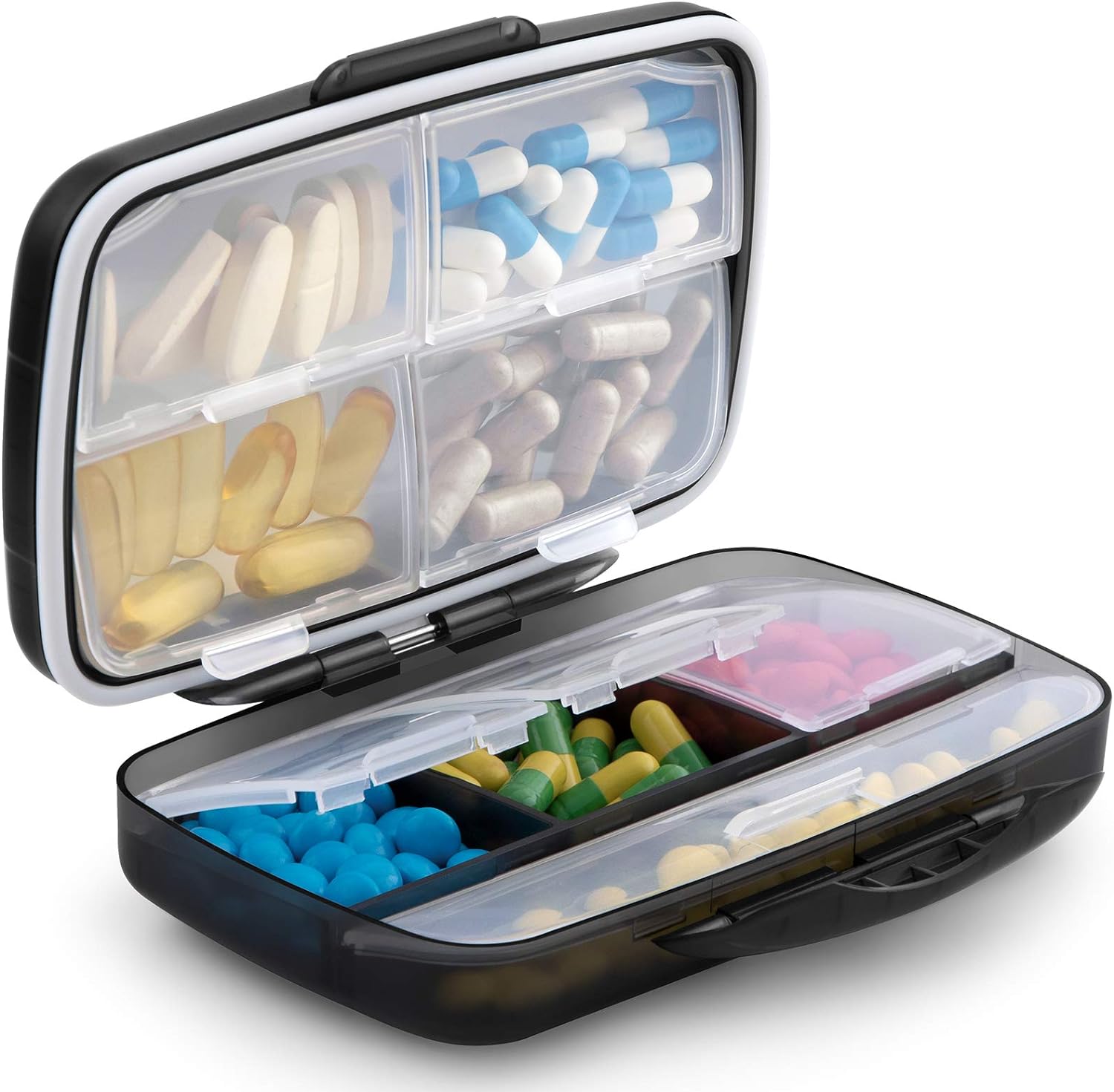 Travel Pill Organizer Large Portable Medication Fullicon Oversize 8 Compartment Pill Box, Vitamin Travel Case Pill Holder - Airtight & Moistureproof (Black)