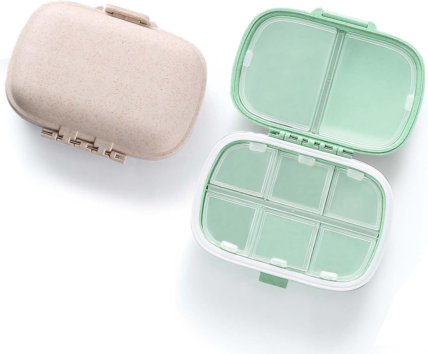 MEACOLIA 2 Pack 8 Compartments Travel Pill Organizer Box Moisture Proof Small Pill Case for Pocket Purse Daily Pill Holder Container for Medicine Vitamin (Cyan & Khaki)