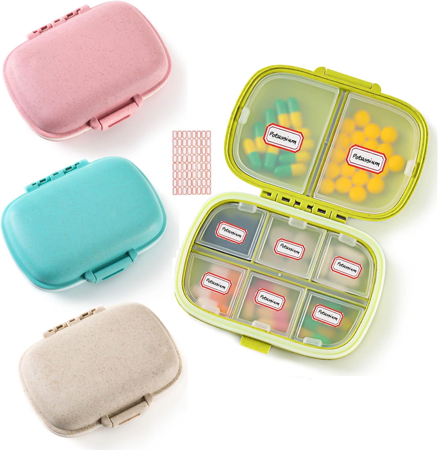 4 Pack Pill Organizer, Daily Pill Case with Label, 8 Compartment Travel Pill Box for Pocket Purse, Medicine Case, Waterproof Portable Pill Supplement Case, Pill Container to Hold Vitamin