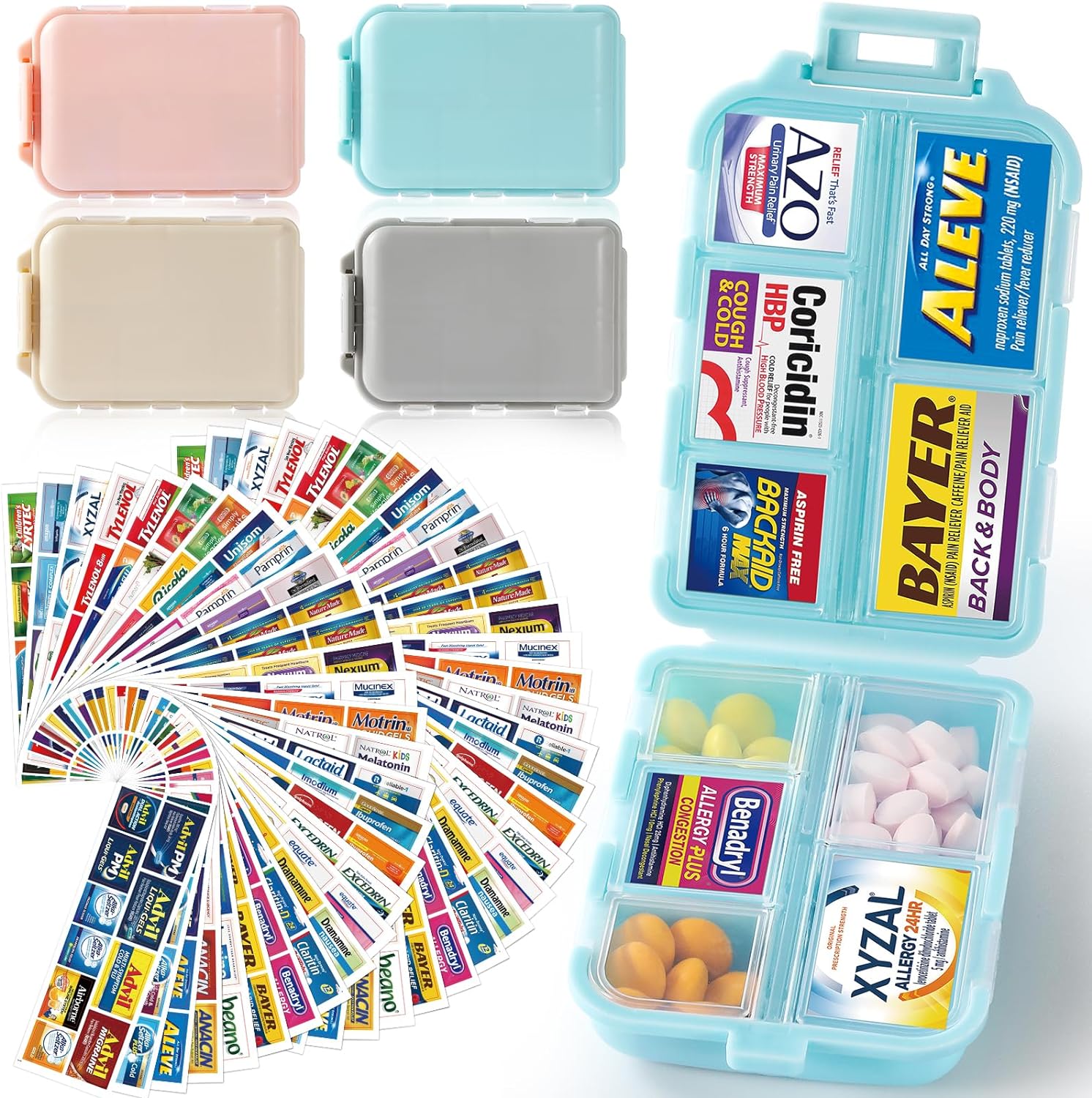 4 Pack Travel Pill Organizer Box w/ 600 Brand Labels & 84 White Labels, 10 Compartments Small Pill Case Medicine Kit, Portable Pocket Purse Pharmacy, Daily Weekly Vitamin Supplement Medication Holder