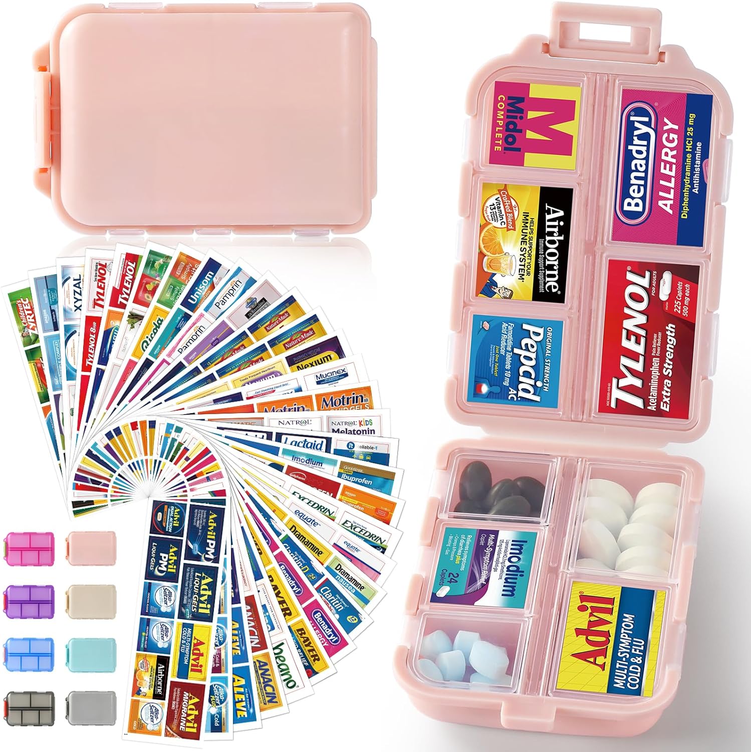 Travel Pill Organizer Box w/ 300 Brand Labels & 28 White Labels, 10 Compartments Small Pill Case Medicine Kit, Portable Pocket Purse Pharmacy, Daily Weekly Vitamin Supplement Medication Holder - Pink