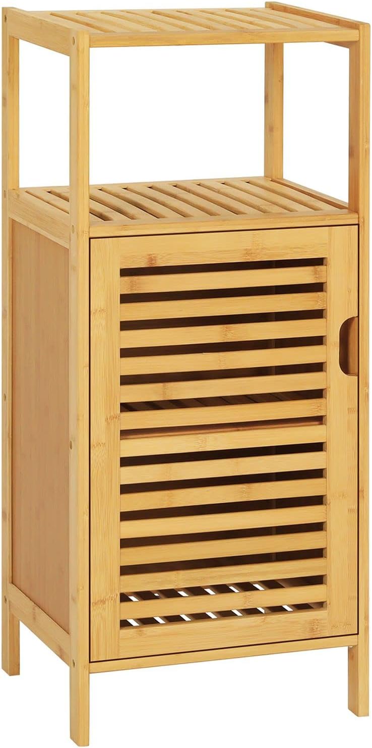 VIAGDO Bamboo Cabinet, Bathroom Storage Cabinet with Single Door and Shelf, Freestanding Bathroom Cabinet, Kitchen Cupboard, Sofa Side Table for Living Room/Hallway/Bedroom/Kitchen