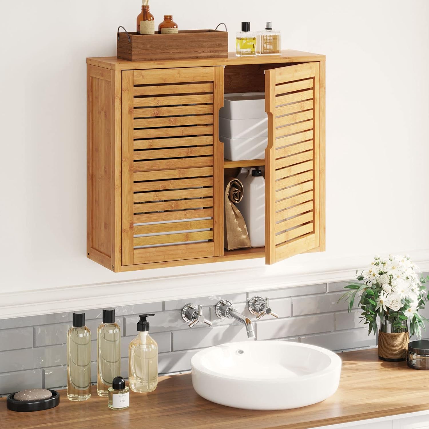 VIAGDO Wall Cabinet Bathroom Storage Cabinet Wall Mounted with Adjustable Shelves Inside, Double Door Medicine Cabinet, Utility Cabinet Organizer Over Toilet, Bamboo, 23.2''Lx8.3''Wx20.1''H