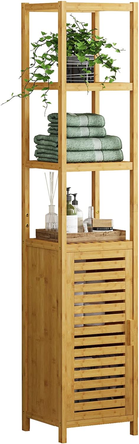 VIAGDO Storage Tall Slim Cabinet with Shutter Door and 3 Tier Shelves, Freestanding Linen Tower Cabinet for Living Room, Kitchen, Bathroom Organizer, Natural Bamboo