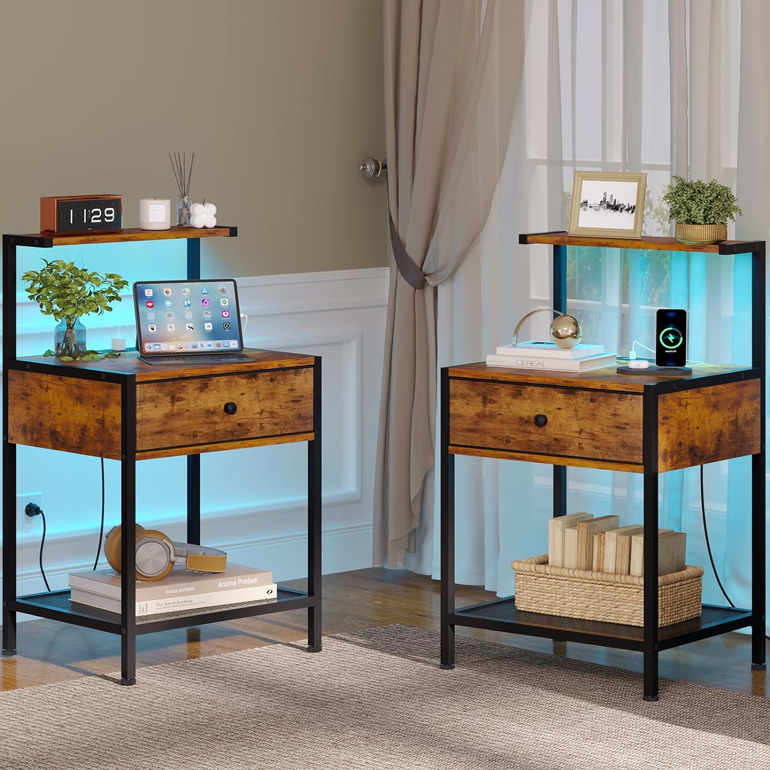 VIAGDO Nightstands Set of 2 with Charging Station and LED Lights, Night Stands Set 2 with USB Ports and Outlets, Bedside Tables with Fabric Drawer and Shelves, End Side Table for Bedroom, Rustic Brown