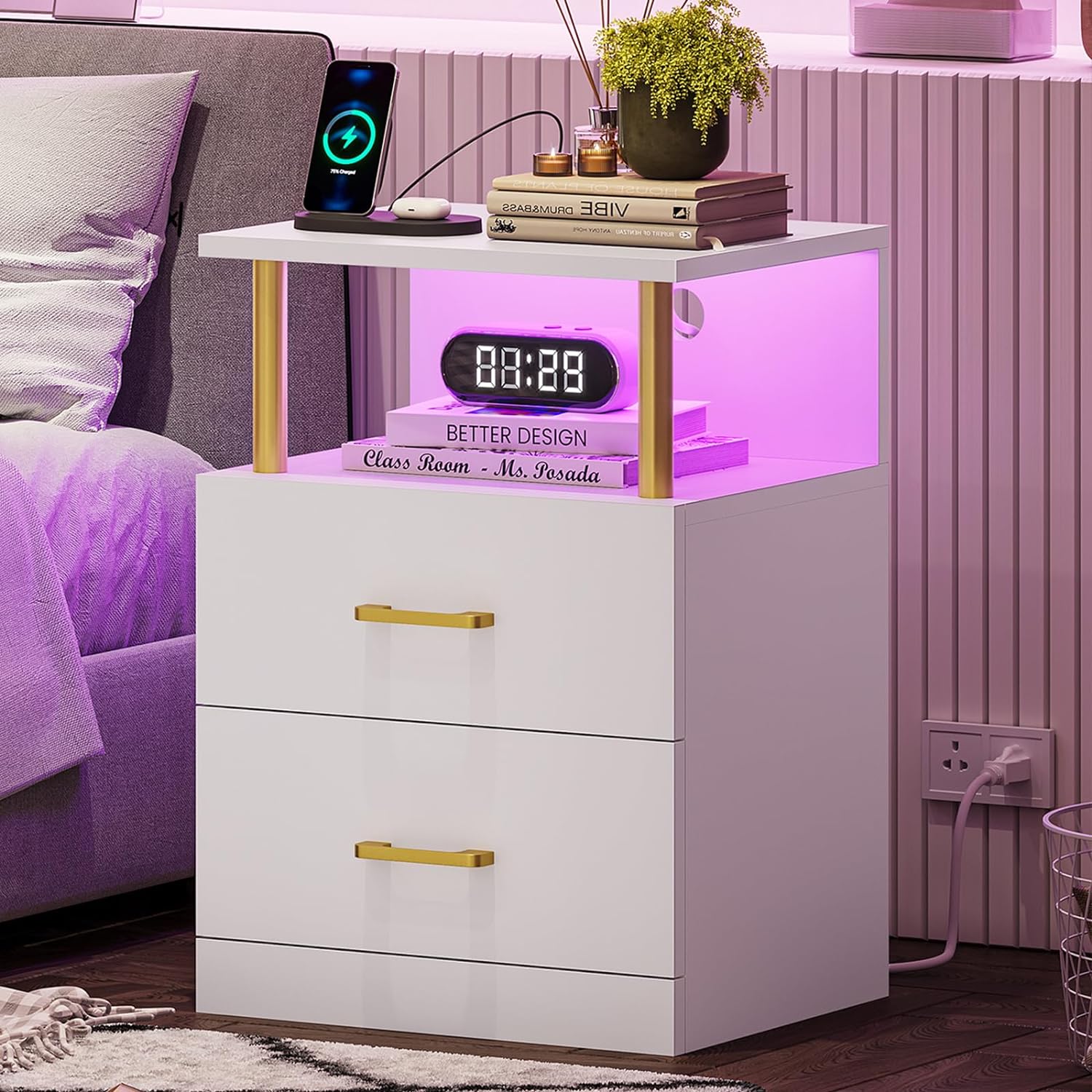 VIAGDO LED Night Stand with Charging Station and USB Ports, White Night Stand with 2 Drawers, Modern End Side Tables with Open Storage, Bedside Tables for Bedroom, Office