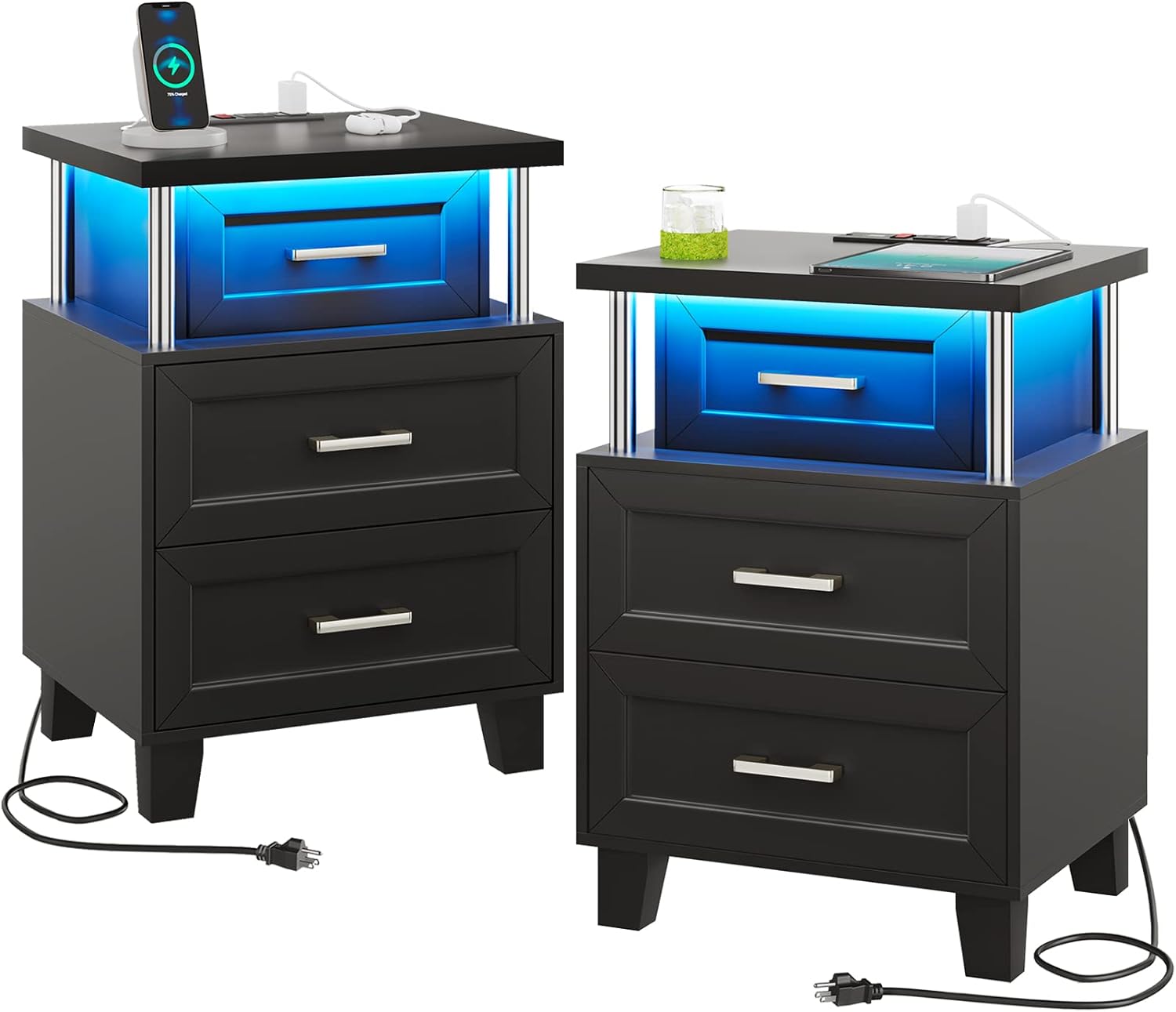 VIAGDO Night Stands Set of 2, LED Night Stand with Charging Station, Black Nightstand with 3 Drawers, Vintage Bedside Tables, End Side Table with Storage for Bedroom, Office