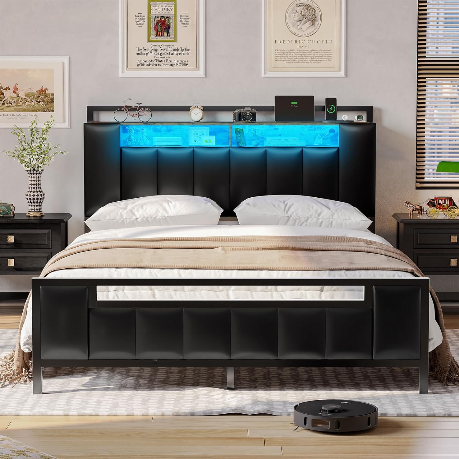 Queen Bed Frame with Storage, LED Bed Frame Queen Size with Charging Station, Upholstered Headboard with Hidden Storage and 2-Tier Shelves, Sturdy Metal Slats, No Box Spring Needed, Noise Free