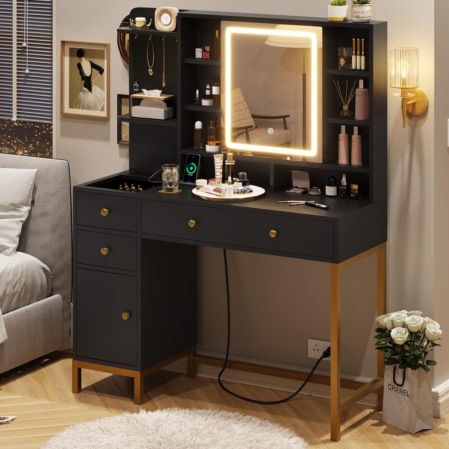 VIAGDO Makeup Vanity with Lights, Mirror, Charging Station, Visual Drawer, and Hidden Storage - Black