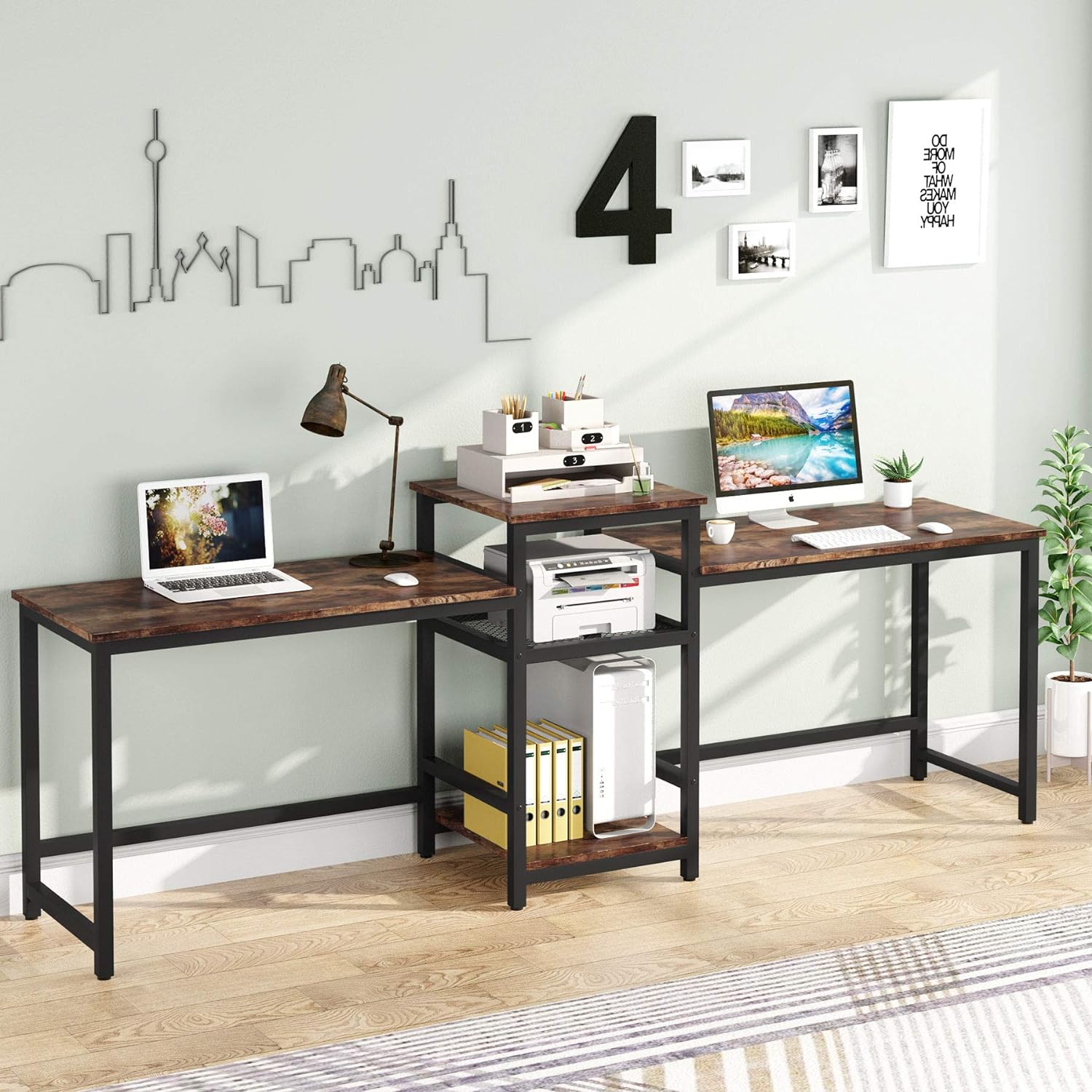 Tribesigns 96.9 Double Computer Desk with Printer Shelf, Extra Long Two Person Desk Workstation with Storage Shelves, Large Office Desk Study Writing Table for Home Office, Dark Brown