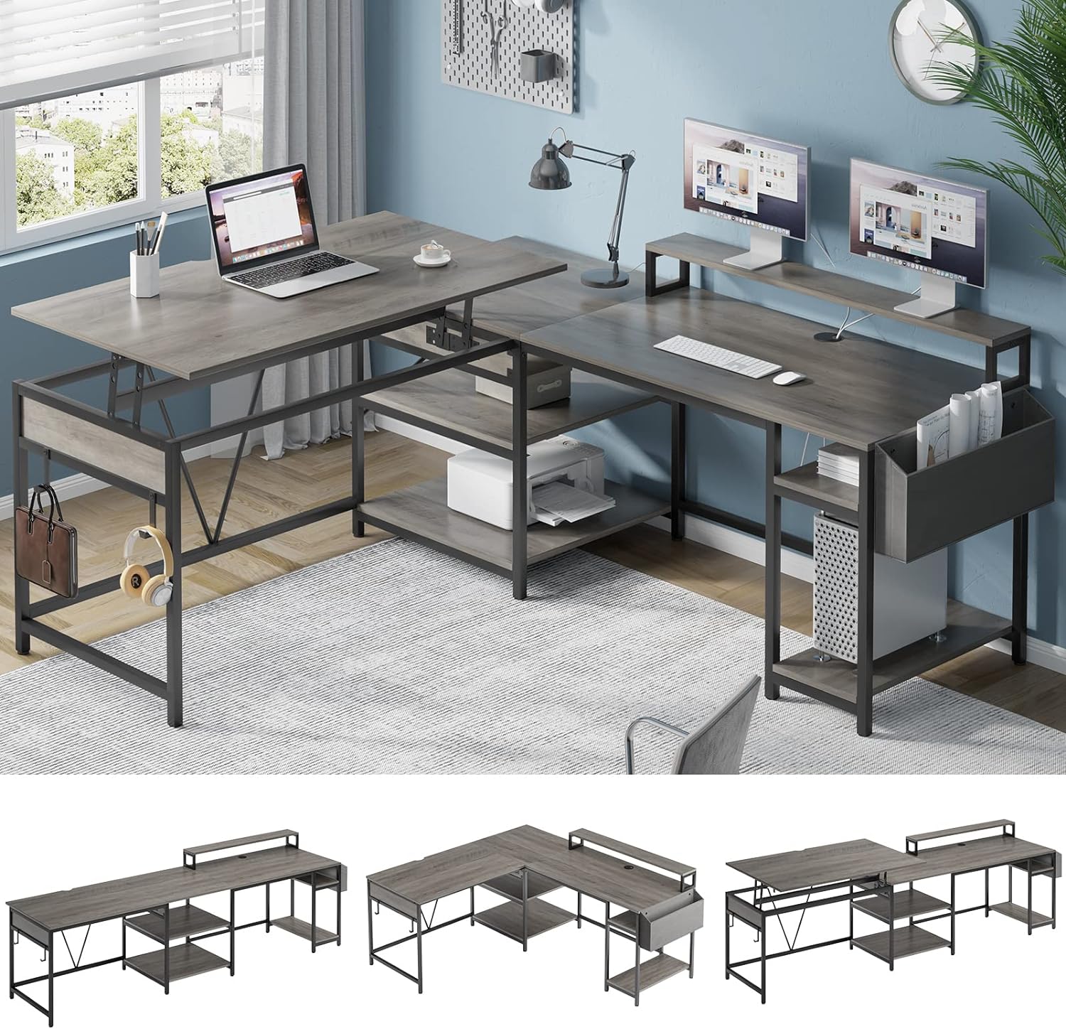 SEDETA L Shaped Desk with Lift Top, 98.4 Computer Desk, Standing Desk Adjustable Height with Storage Shelves, Monitor Stand, and Headphone Hooks for Home Office, Ivory Grey