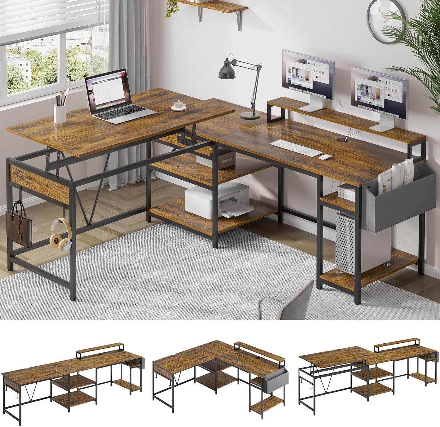 I work form home and have been looking for a desk where I have enough storage, looks good and also the best part that one side of the desk can be converted to a stand up desk. I am able to put my gym equipment at the bottom and work out. The quality of the desk is amazing and would recommend this to my peers. The instructions were easy to follow, however, the only issue I had on the instructions booklet it mainly shows how to set up a straight desk but I need it in the L shape and that part was 