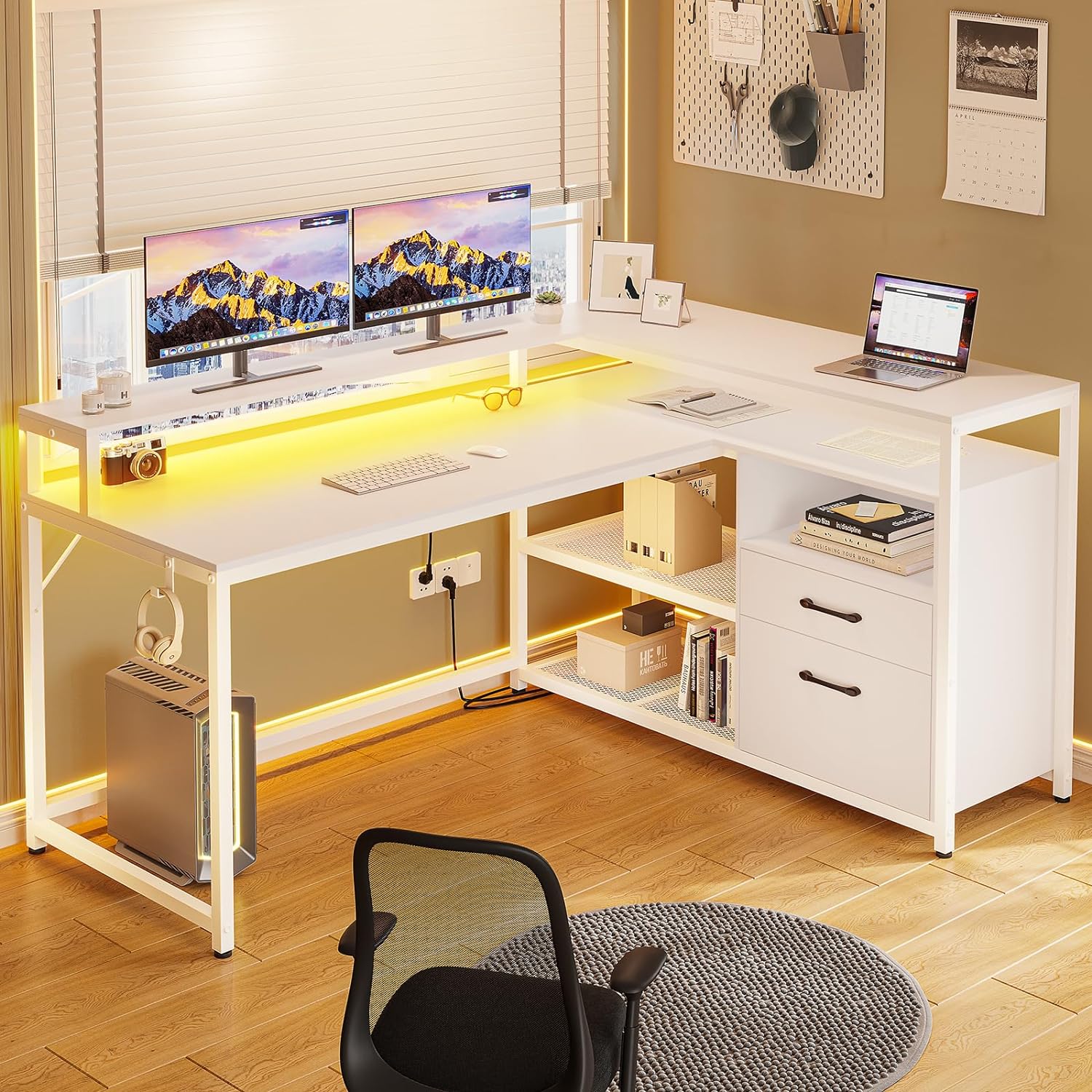 SEDETA White Computer Desk with Drawers, 55 Home Office Desk with File Drawer and Storage Shelves, L Shaped Gaming Desk with LED Lights and Monitor Shelf