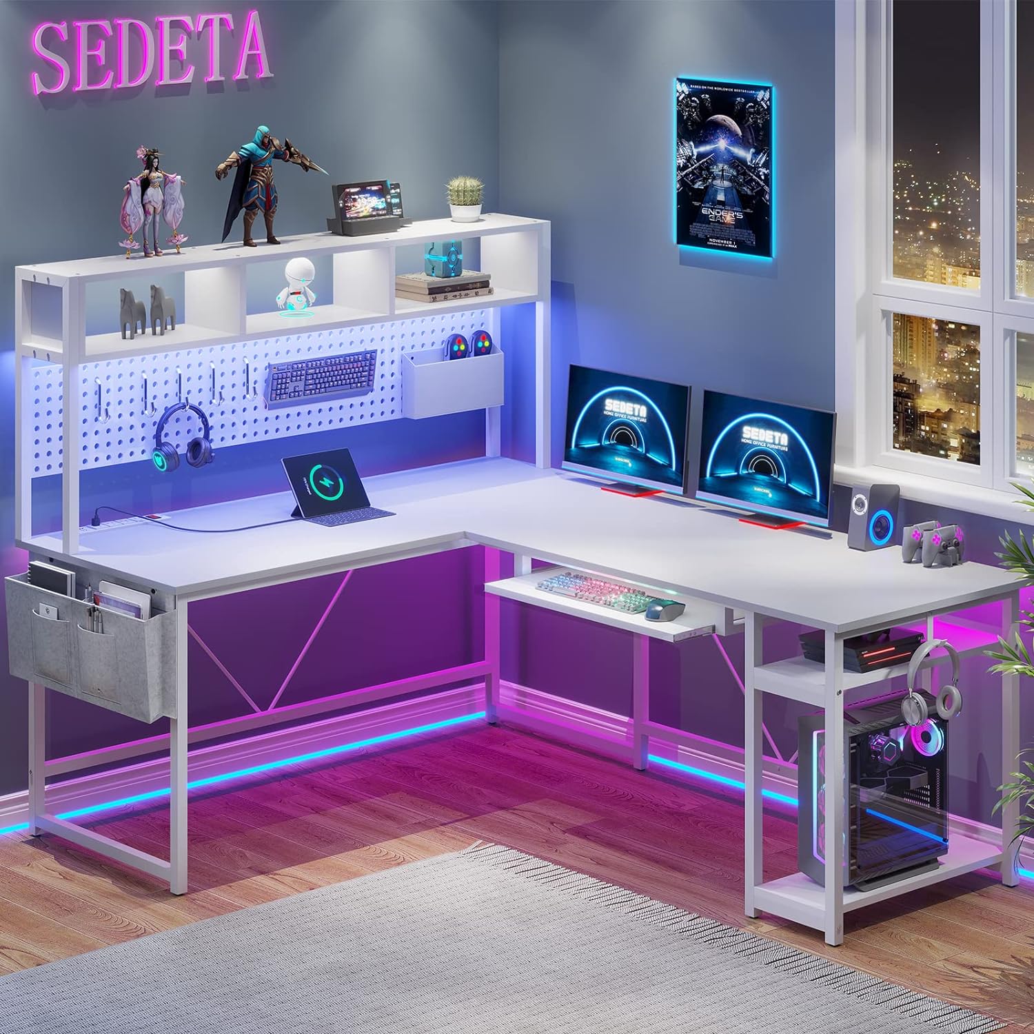 SEDETA White L Shaped Gaming Desk, Reversible Corner Desk with Power Outlet and Pegboard, L Shaped Desk with Hutch, Storage Shelf, Keyboard Tray, and LED Lights for Home Office, White