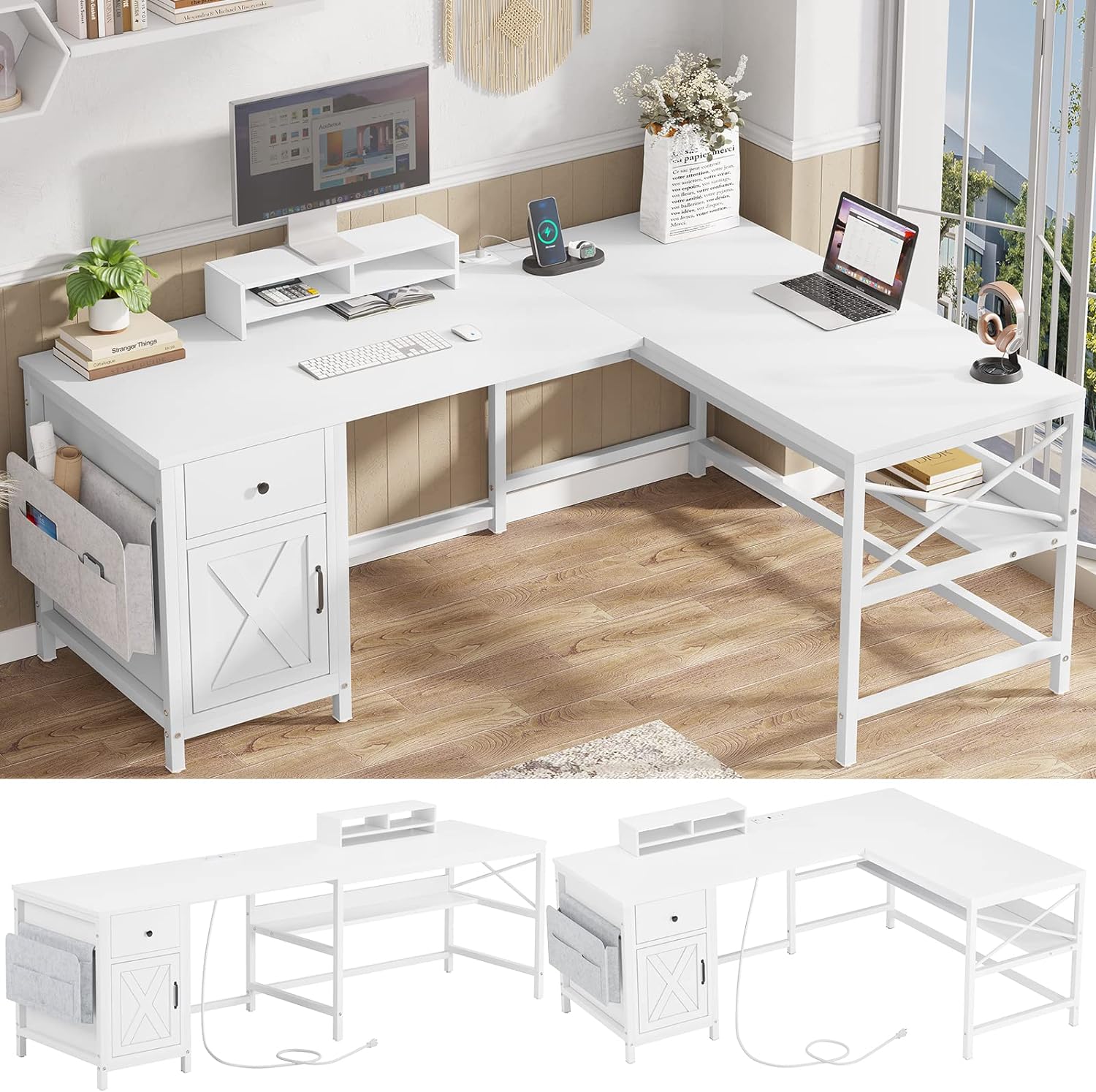 SEDETA L Shaped Computer Desk, Convertible 86.6 Home Office Desk or Corner Desk, Office Desk with Drawer, Power Strip, Storage Cabinet & Storage Bag, White