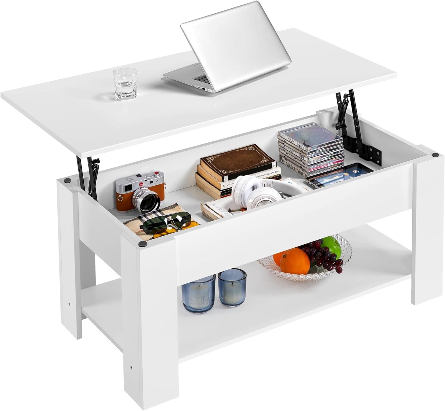 Yaheetech Lift Top Coffee Table with Hidden Compartment and Storage Shelf, Rising Tabletop Dining Table for Living Room Reception Room, 38.6in L, White