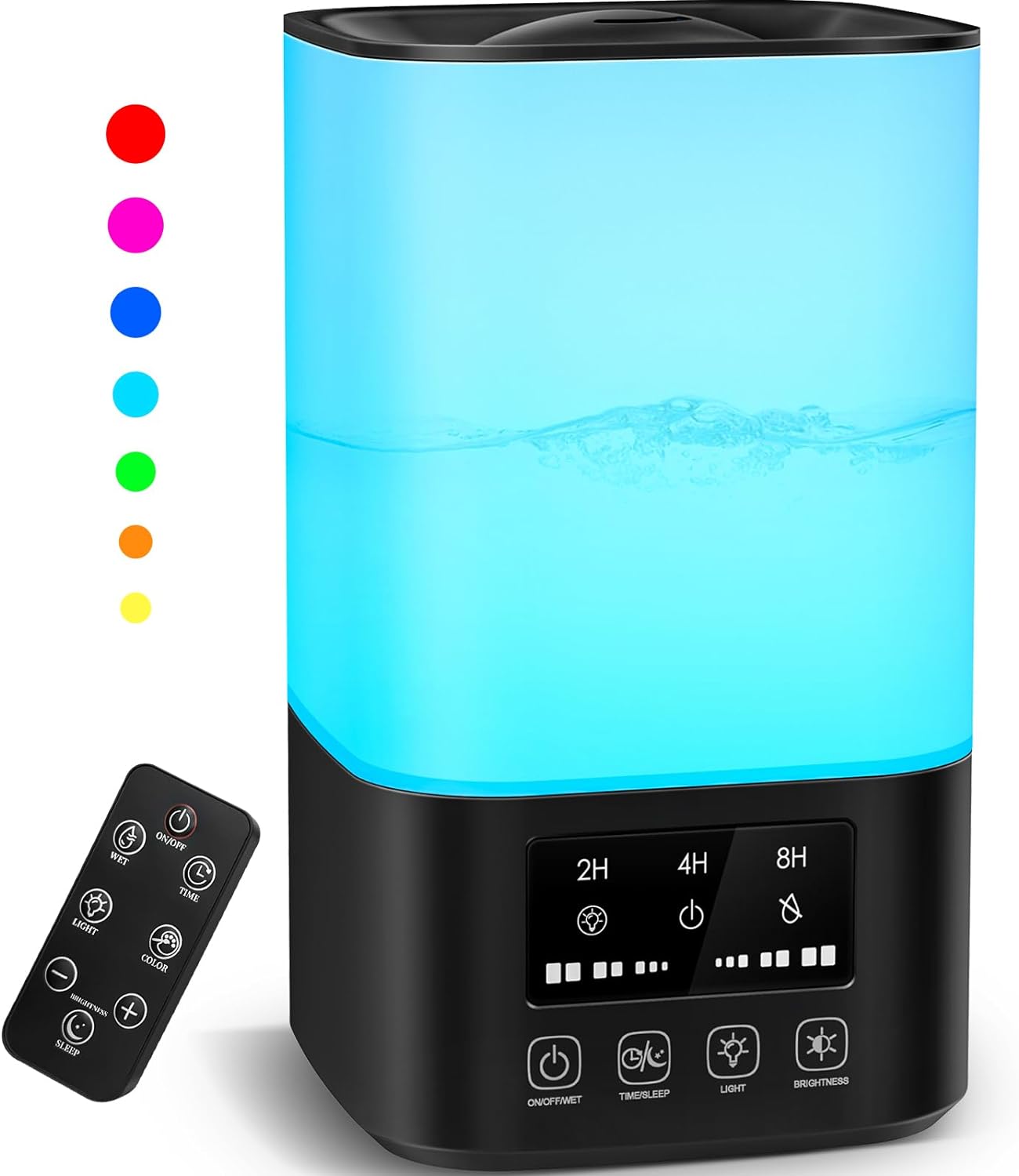 This is great- love the tesseract blue color. Water lasts a long time. Had trouble getting it started at first- needed to start by pushing the on off on the unit itself multiple times not the remote. Super quiet. Easy pour in from the top. Much easier than lifting the unit & connecting it like my other unit. Really helped my breathing at night in the bedroom. No mess! It didnt make water droplets everywhere. Only complaint is the cord is very short