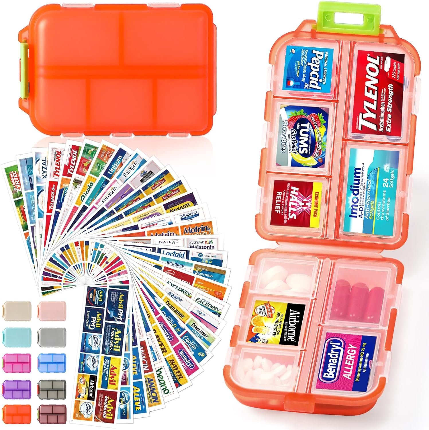 Travel Pill Organizer Box w/ 300 Brand Labels & 28 White Labels, 10 Compartments Small Pill Case Medicine Kit, Portable Pocket Purse Pharmacy, Daily Weekly Vitamin Supplement Medication Holder -Orange