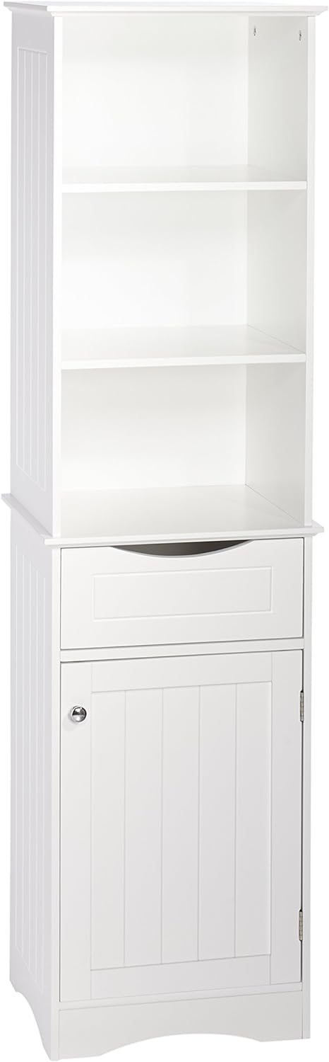 RiverRidge, White Ashland Bathroom Freestanding Storage Cabinet with Three Open Shelves and Drawer