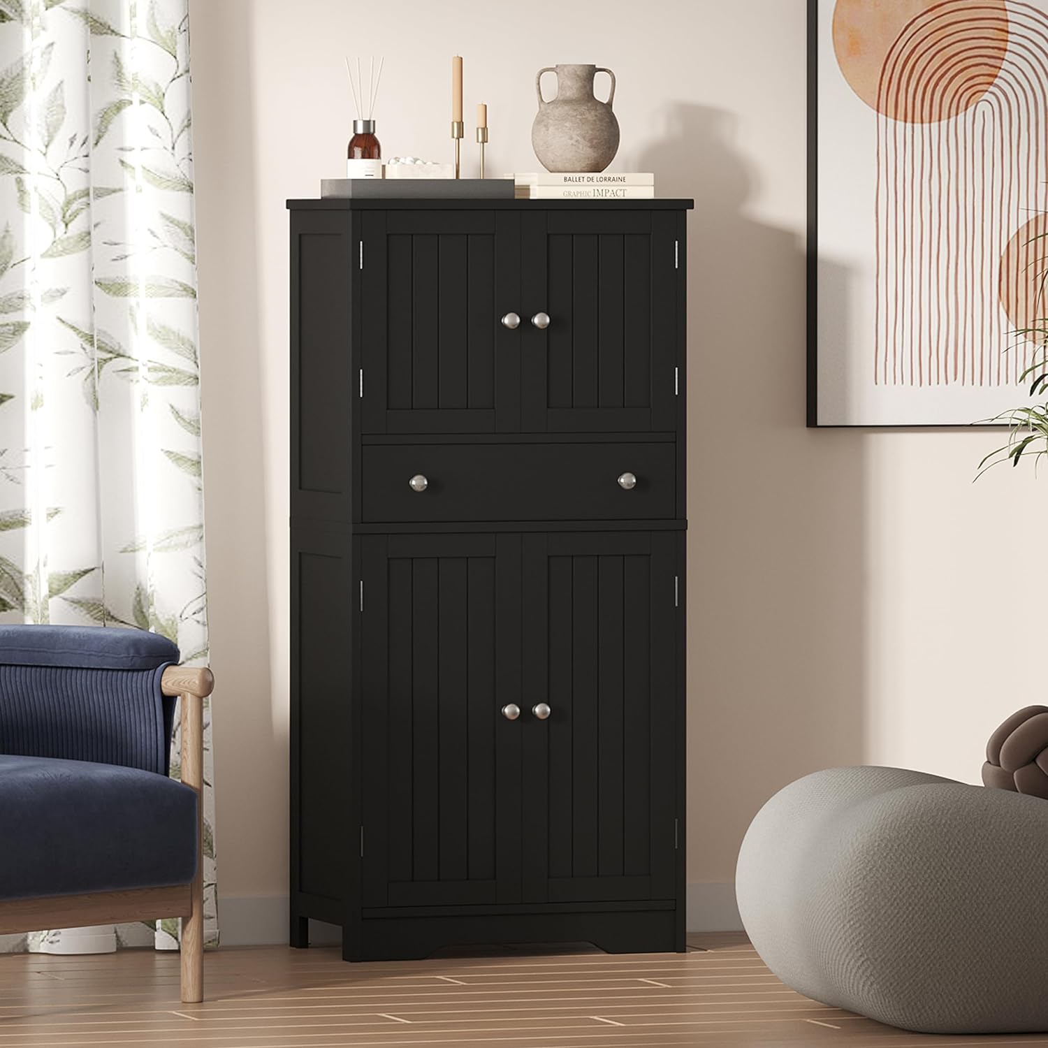 Rovaurx Tall Storage Cabinet with Adjustable Shelf, Bathroom Floor Storage Cabinet with Drawer, Traditional 4 Door Kitchen Pantry, 23.6 L x 11.8 W x 50.4 H Black BMGZ106B