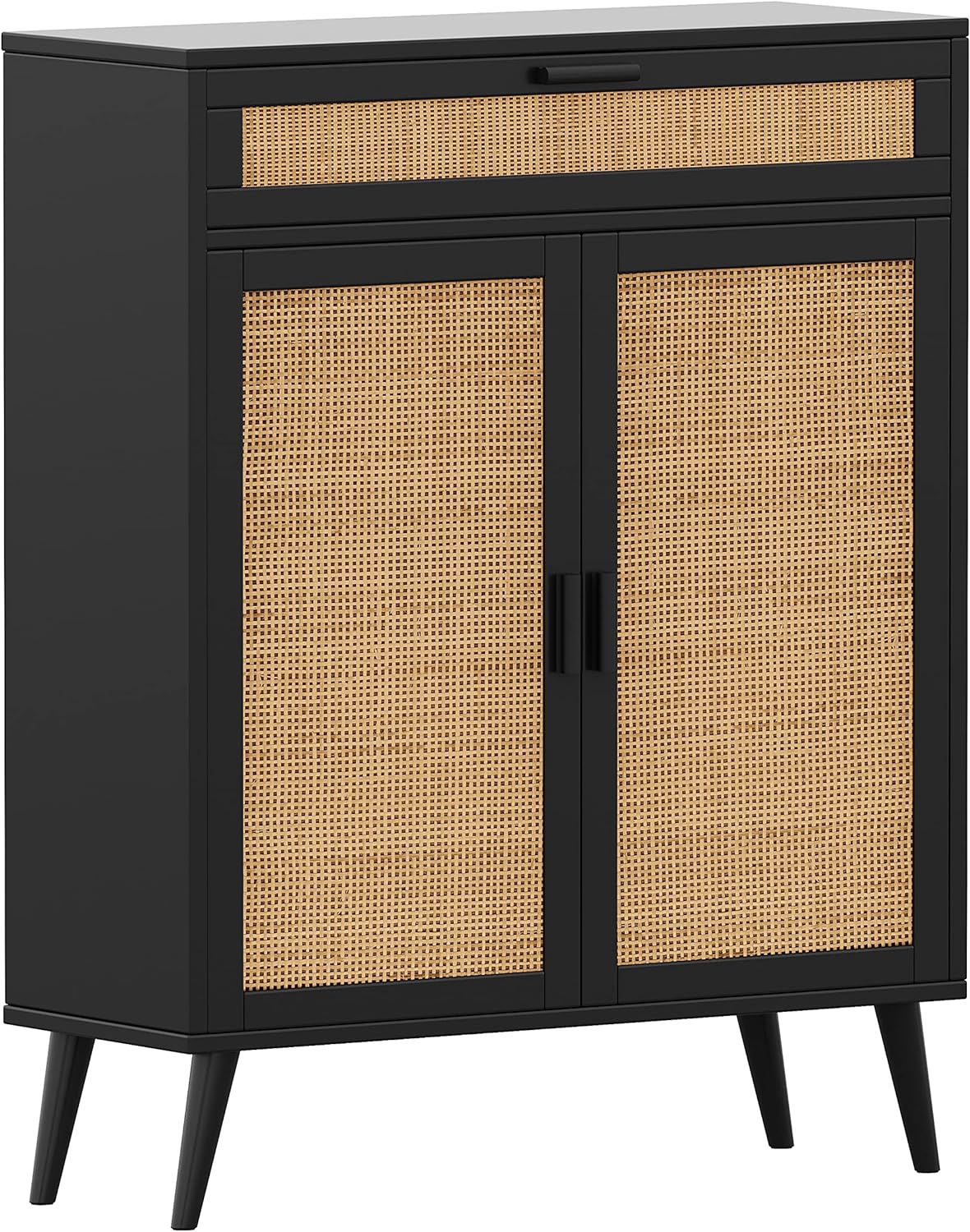 Rovaurx Accent Floor Storage Cabinet with Rattan Doors, Bathroom Cabinet with Large Drawer, Freestanding Storage Cabinet Organizer, Black and Natural, BMGZ107B