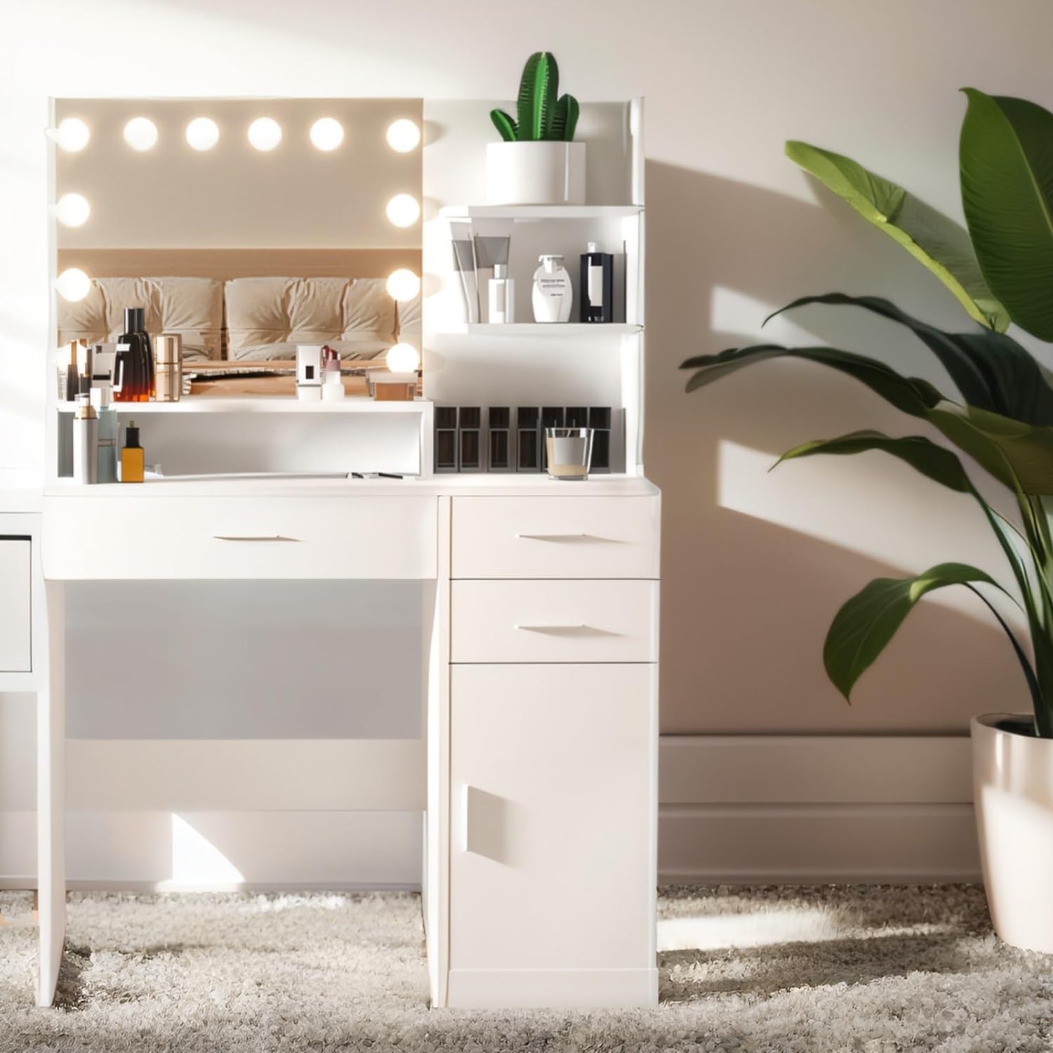 White Vanity Desk with Mirror and LED Lights, 37 Vanity with Wide Desktop, Large Drawer, Adjustable Brightness & 3 Storage Levels - Perfect Makeup Vanity for Girls and Women