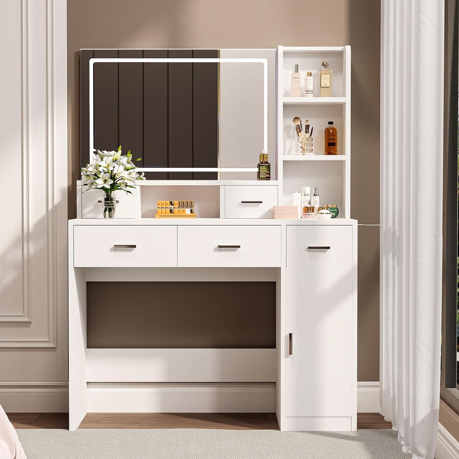 Makeup Vanity Desk with Lighted Mirror, 41 Modern Vanity Desk with Mirror and Lights, Dressing Table with 5 Drawers & Shelves for Bedroom, White