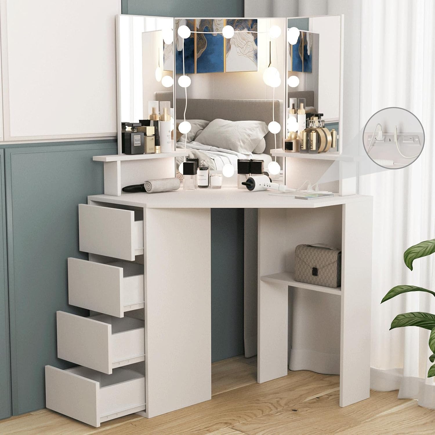 Corner Desk with Lighted Mirror & Power Strip,White Makeup Table, 42 inch Corner Vanity Mirror with Lights and 4 Drawer, 3 Lighting Modes, Brightness Adjustable