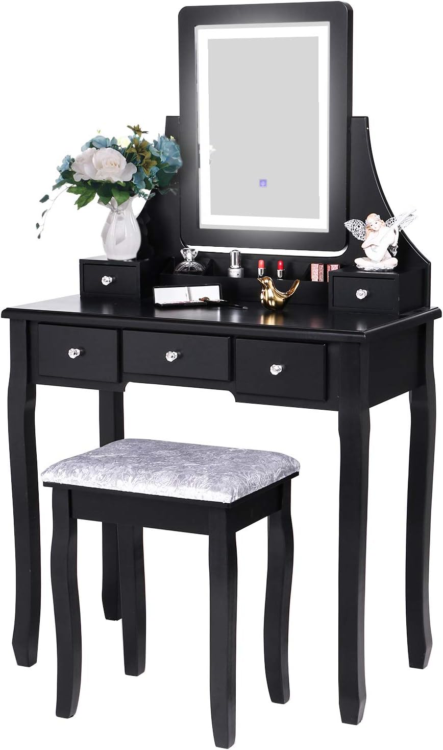 BEWISHOME Vanity Set with Lighted Mirror Dimming, Touch Screen Switch & Cushioned Stool Dressing Table Makeup Vanity Makeup Table 5 Drawers 2 Dividers Removable Organizers,Vanity Desk Black FST07H