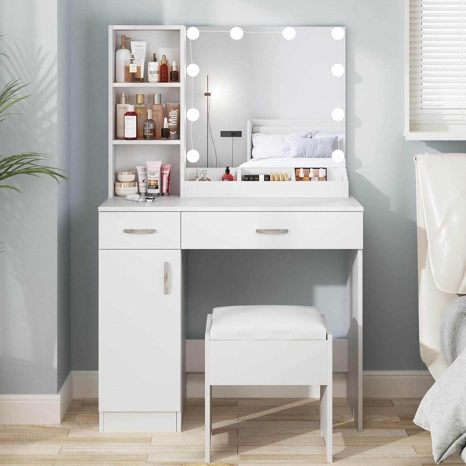 Fameill White Vanity Desk with Mirror and Lights,Makeup Vanity with 2 Drawers Lots Storage,Vanity Table with Lighted Mirror,3 Lighting Colors, Brightness Adjustable,35in(L)