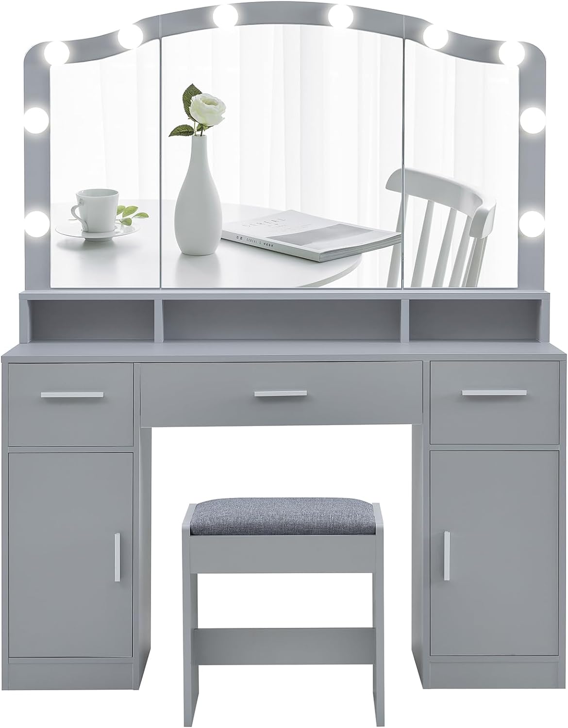 usikey Large Vanity Desk with Mirror & Lights, Grey Makeup Vanity Table, Vanity Set with 3 Drawers, 2 Cabinets & 10 LED Bulbs, Dressing Vanity Table with Stool for Women, Bedroom, Bathroom, Grey