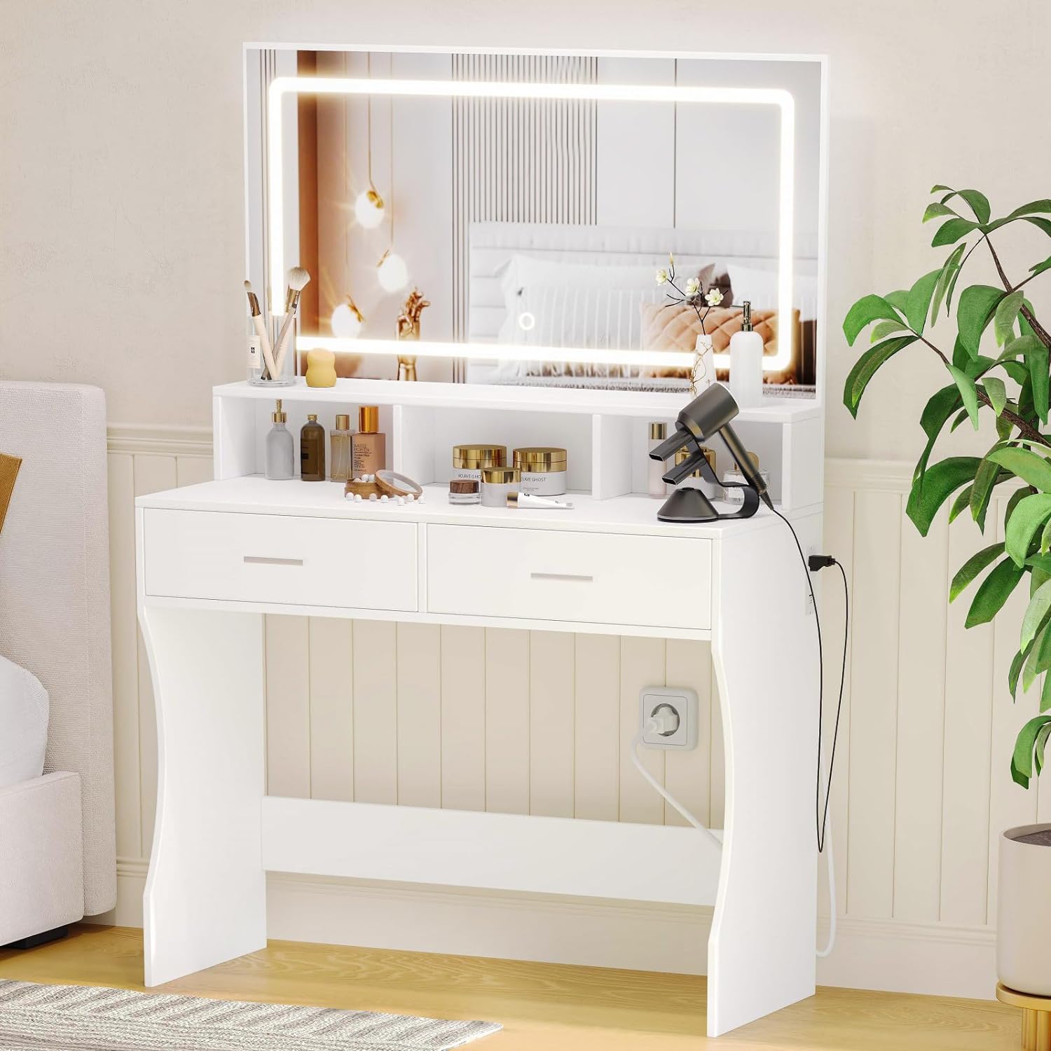 Rovaurx Makeup Vanity Desk with Mirror and 3-Color Dimmable Lights, Vanity Table with Charging Station & 2 Storage Drawers, Bedroom Dressing Table, White RSZT108W