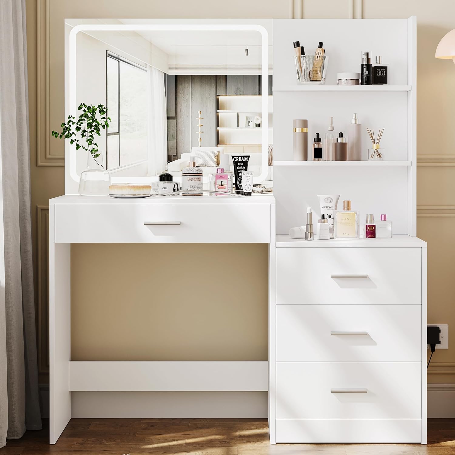 Rovaurx Makeup Vanity with 3-Color Dimmable Lighted Mirror, Large Vanity Table with Side Storage Shelf & 4 Drawers, Bedroom Dressing Desk, Brightness Adjustable, White RSZT107W