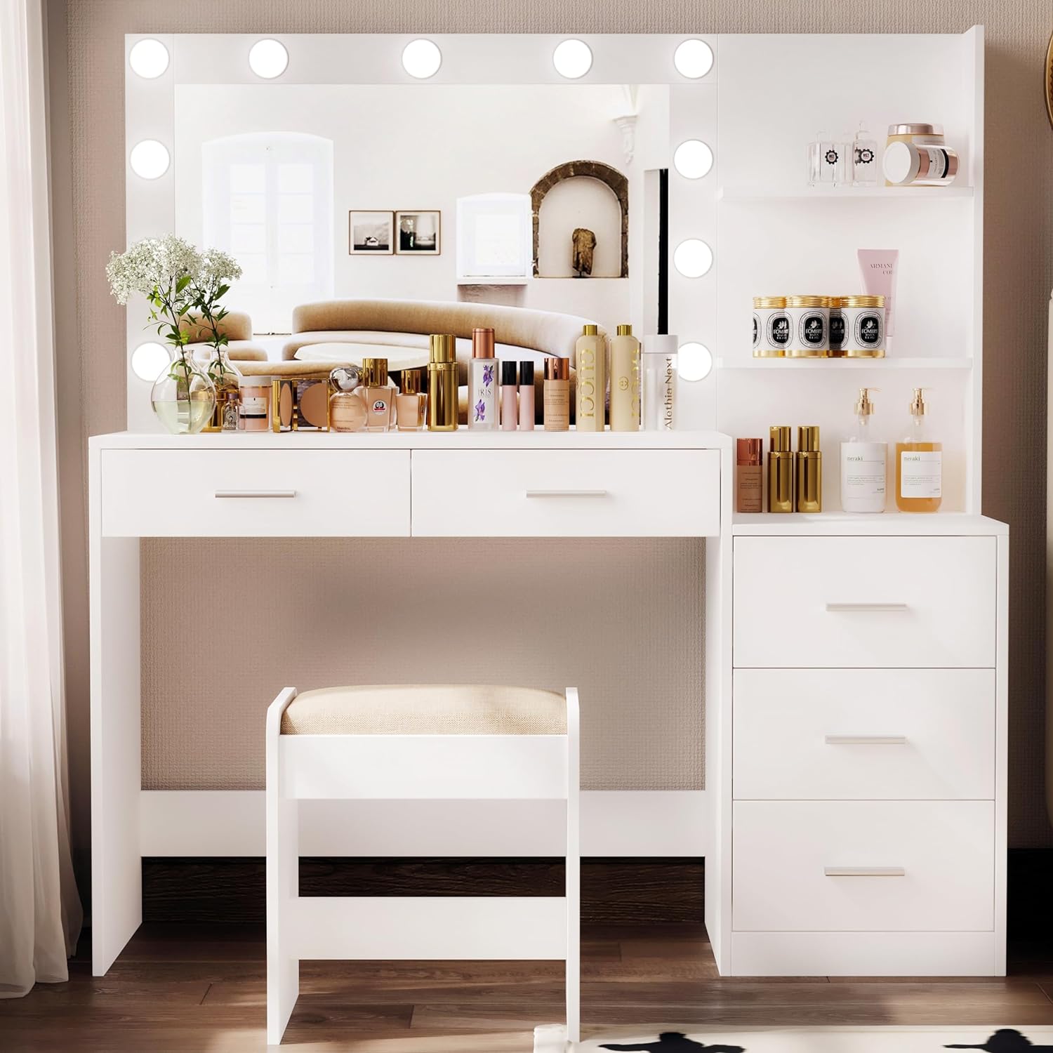 Rovaurx 46.7 W Makeup Vanity Set with Lights and Mirror, Vanity Desk with 5 Drawers, 3 Lighting Colors, Dressing Table for Bedroom, Studio, White RSZT106WD